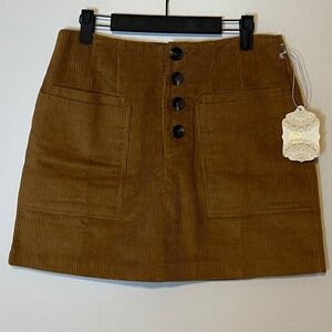 Altar’d State Camel Brown Corduroy Medium Skirt Pockets Buttoned Cabincore NWT